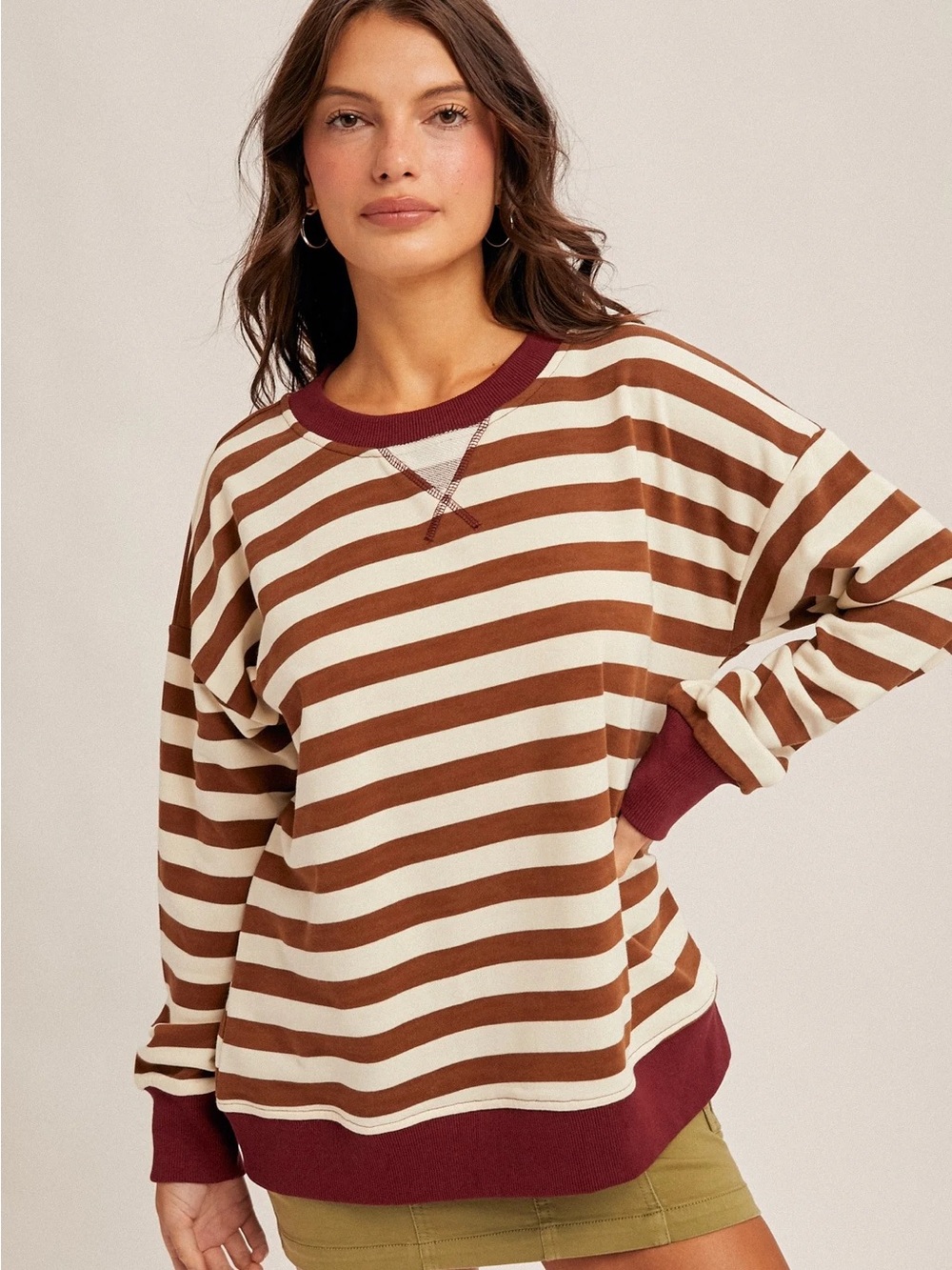 Striped Colorblock Long Sleeve Top Women's Large Brown Ivory Maroon